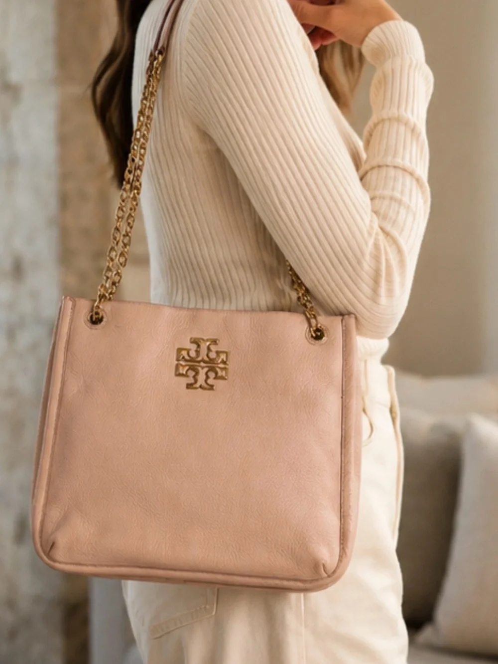 Tory Burch Blush Pink Pebbled Leather Chain Shoulder Tote Bag Gold Logo